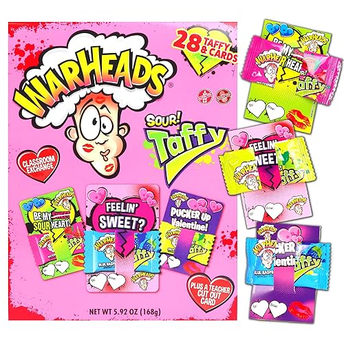 Warheads - Kit de intercambio de San Valentín, folletos de dulces y ácidos para fiestas en el aula, 28 unidades de caramelos y tarjetas, 5.92 onzas