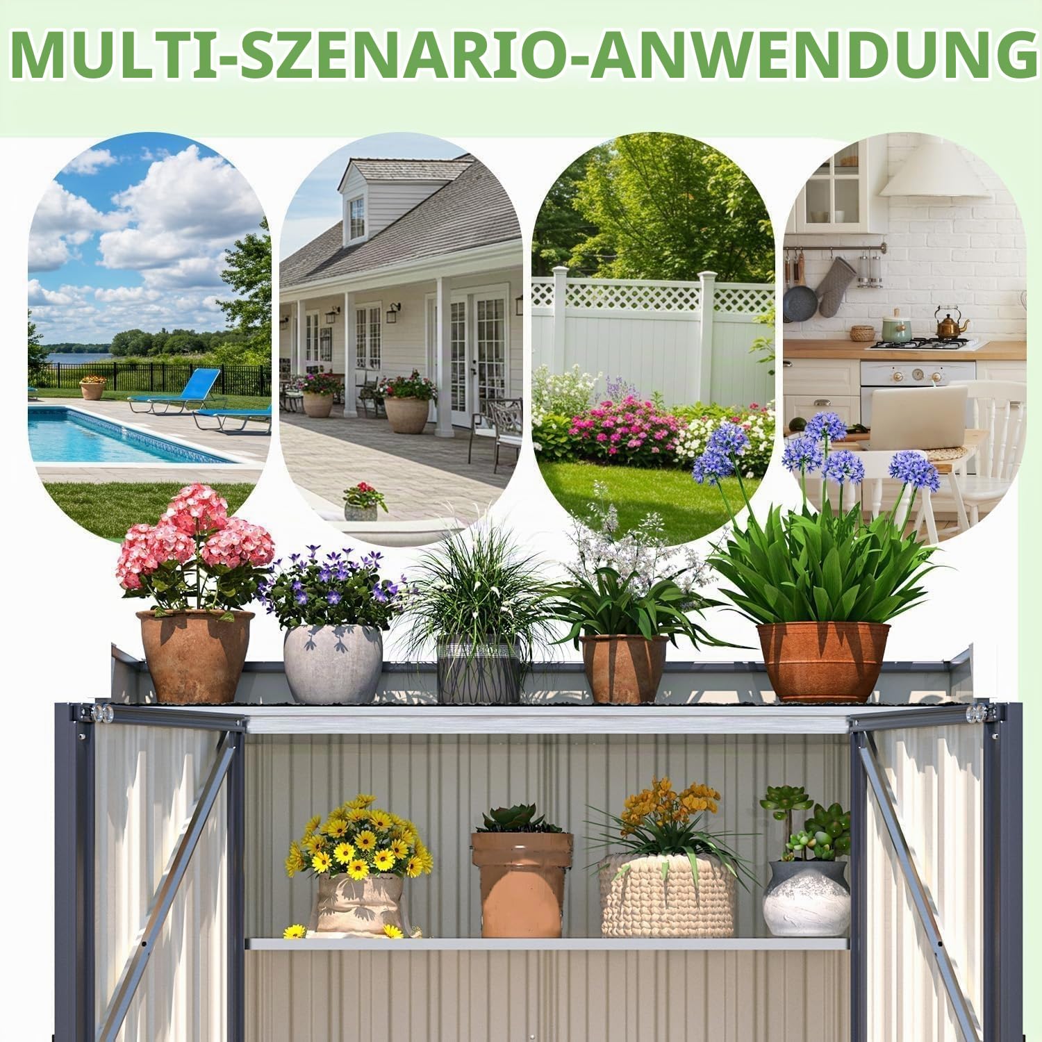 YODOLLA Pflanztisch mit variabel Regalen, wetterfest Gartenschrank, Grau