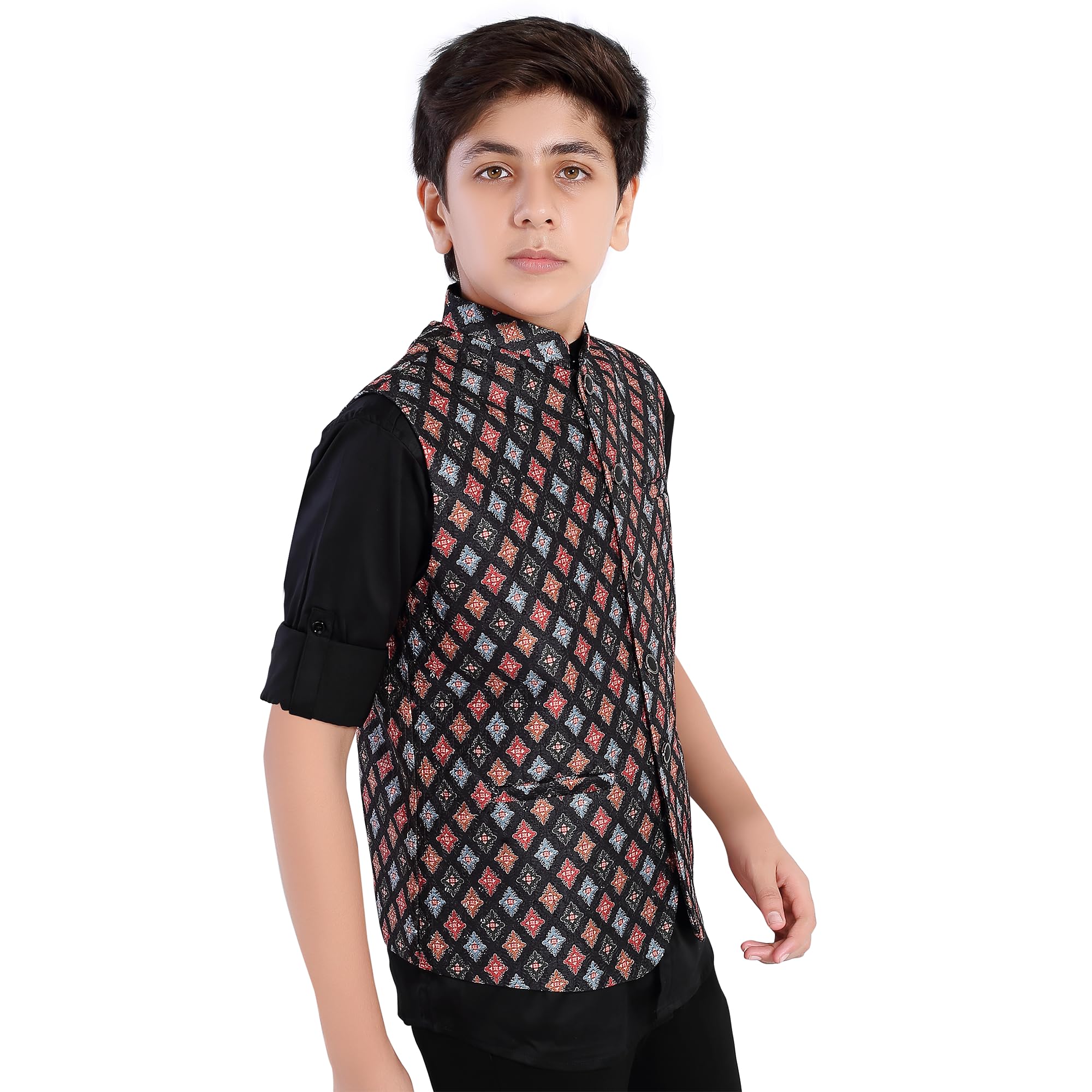 CHARCHIT Boys Black Printed Nehru Jacket and Shirt 2