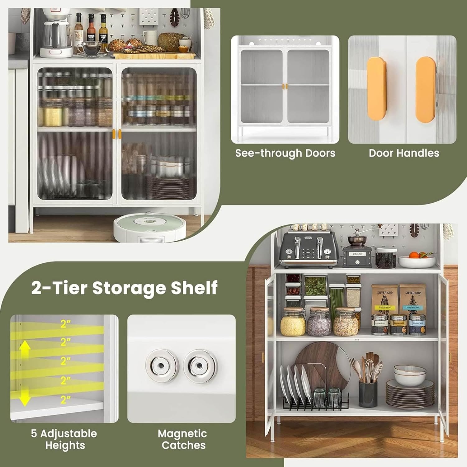 63.5" H Kitchen Buffet Cabinet Pantry Organizers Standing Bakers Rack White Metal