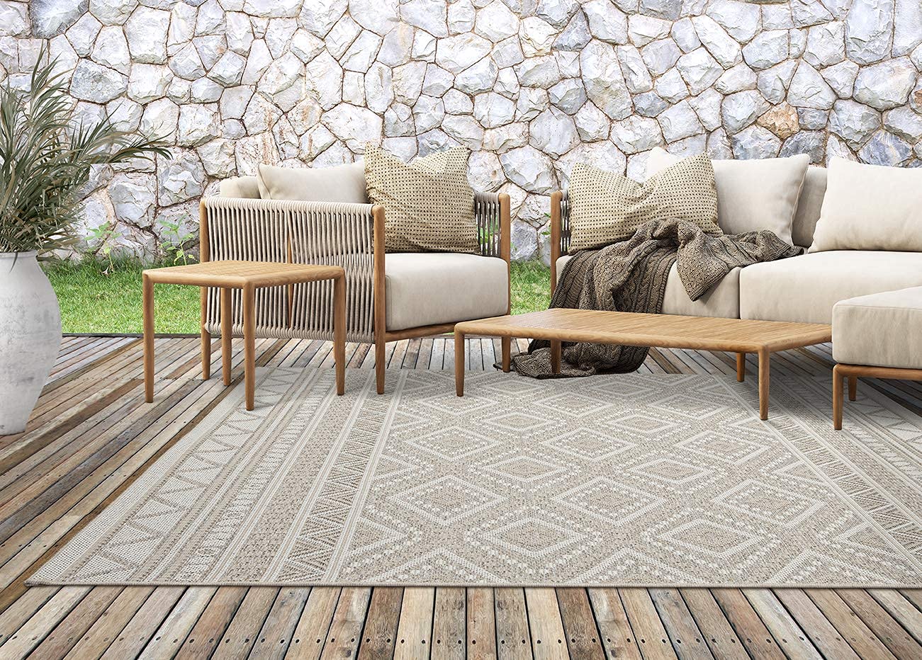 the carpet Calgary - robusto tappeto per esterni, resistente alle intemperie e ai raggi UV, per balcone, terrazza, giardino d'inverno o cucina e sala da pranzo, 200x280 cm, Beige