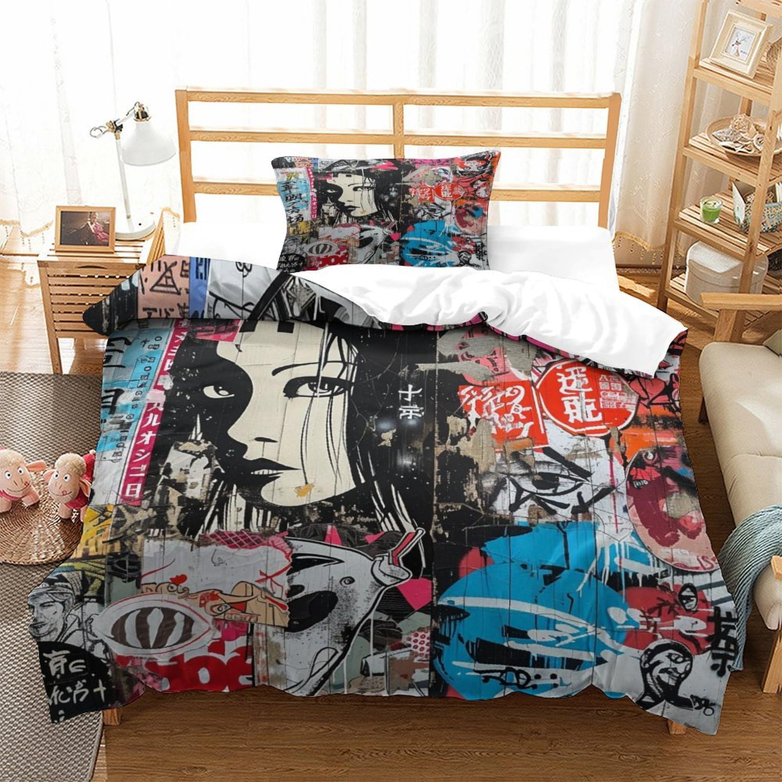 Japanese Graffiti Duvet Cover 2 Pieces 3D Printed STREET ART Microfiber Quilt Cover with 1 Pillow Cases Hidden Zipper for Adults Kids Single（135x200cm）