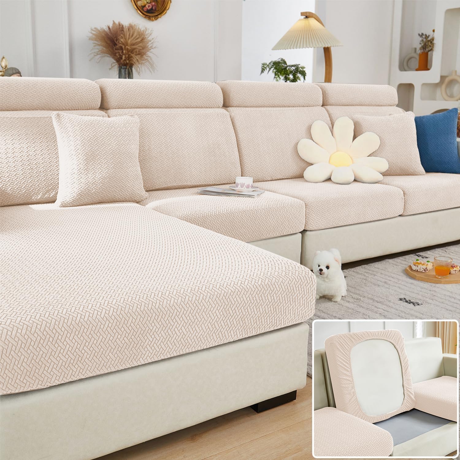 Couch Cushion Covers & Couch Cover for Sectional Sofas, Reversible Non-Slip Sofa Slipcovers, Washable Pet Proof Home Decor Protector (Light Yellow,