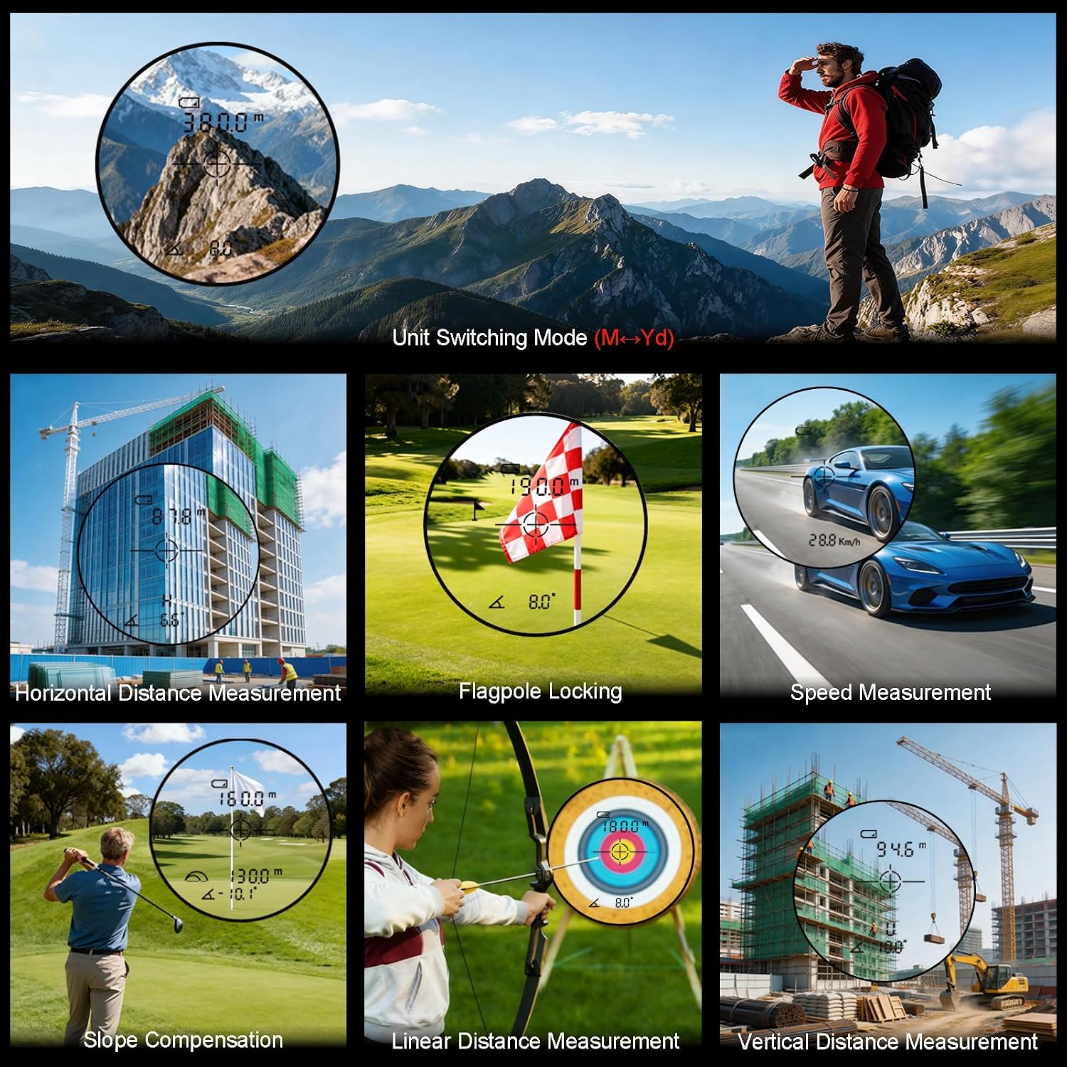 Golf Rangefinder with Slope, 1200 Yards Range Finder for Golf/Hunting, +1 Yard Accuracy 6.5X Magnification Flag Pole Locking Rechargeable Laser Rangefinders for Men Women