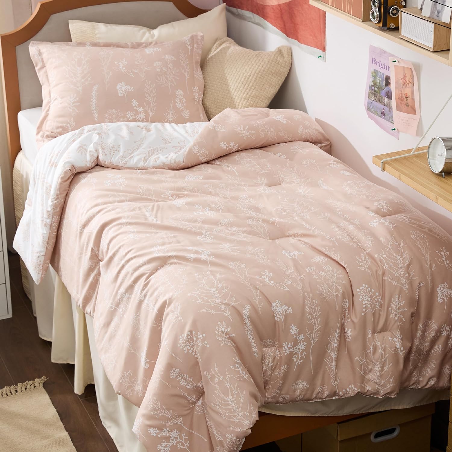 Bedsure Twin Comforter Set - Dusty Rose Bed Set, 2 Pieces Cute Floral Bedding, 1 Soft Reversible Botanical Flowers Comforter and 1 Pillow Sham Twin/Twin XL 07 - Dusty Rose