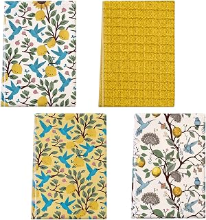 4 Pack 250GSM Cotton Kitchen Towels Set Lemon Birds 18"x26" | Lightweight, Terry Cloth, Sustainable, Decorative, Absorbent, Quick Dry, Lint-Free Tea Towel for Drying Dishes Cleaning Decor