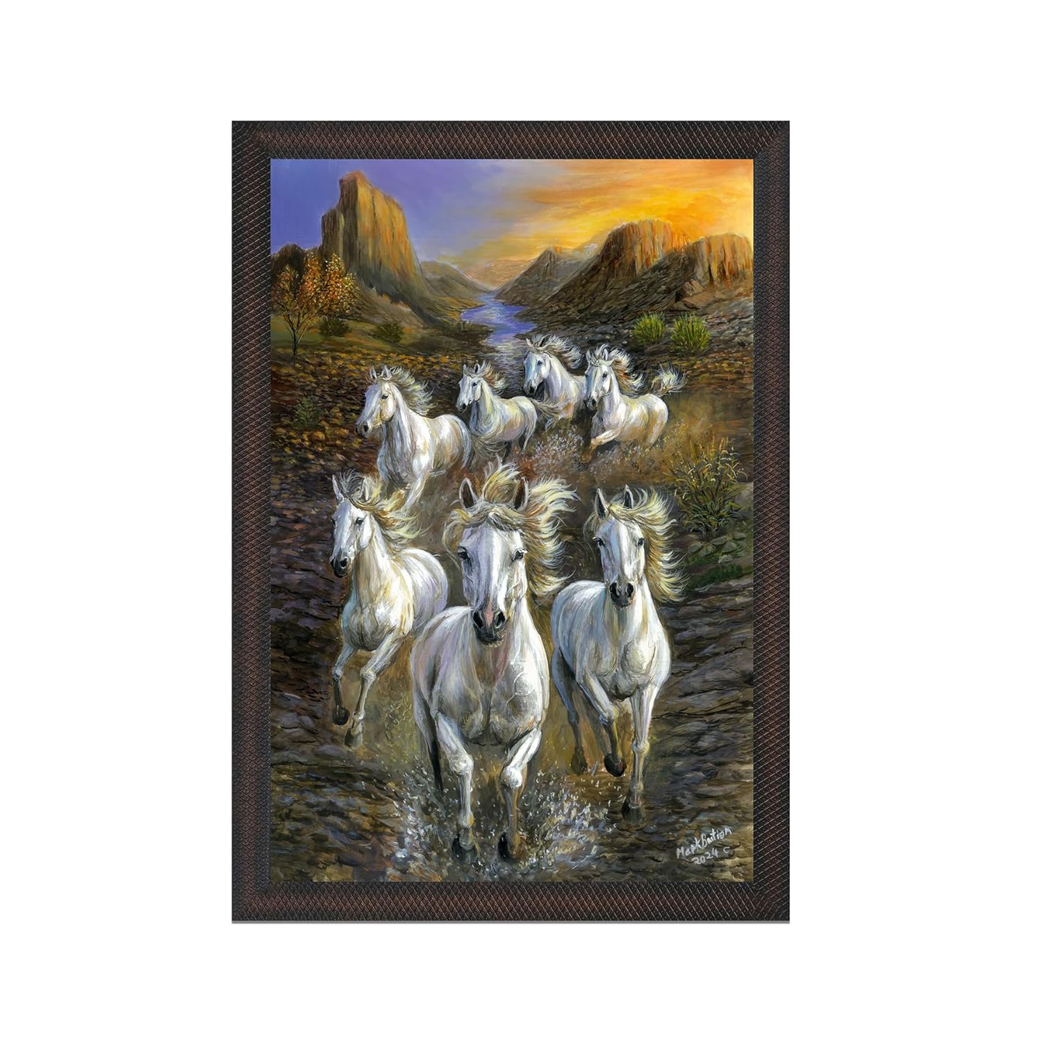 Colours of Nature 7 Horses Vastu Frame Wall Art Painting, White Running Horses Wall Painting | Beautiful Nature Sunset & Mountain Scenery Wall Decor | Wall Art for Living Room or Office 25.0 x 36.0 cm, set of 1