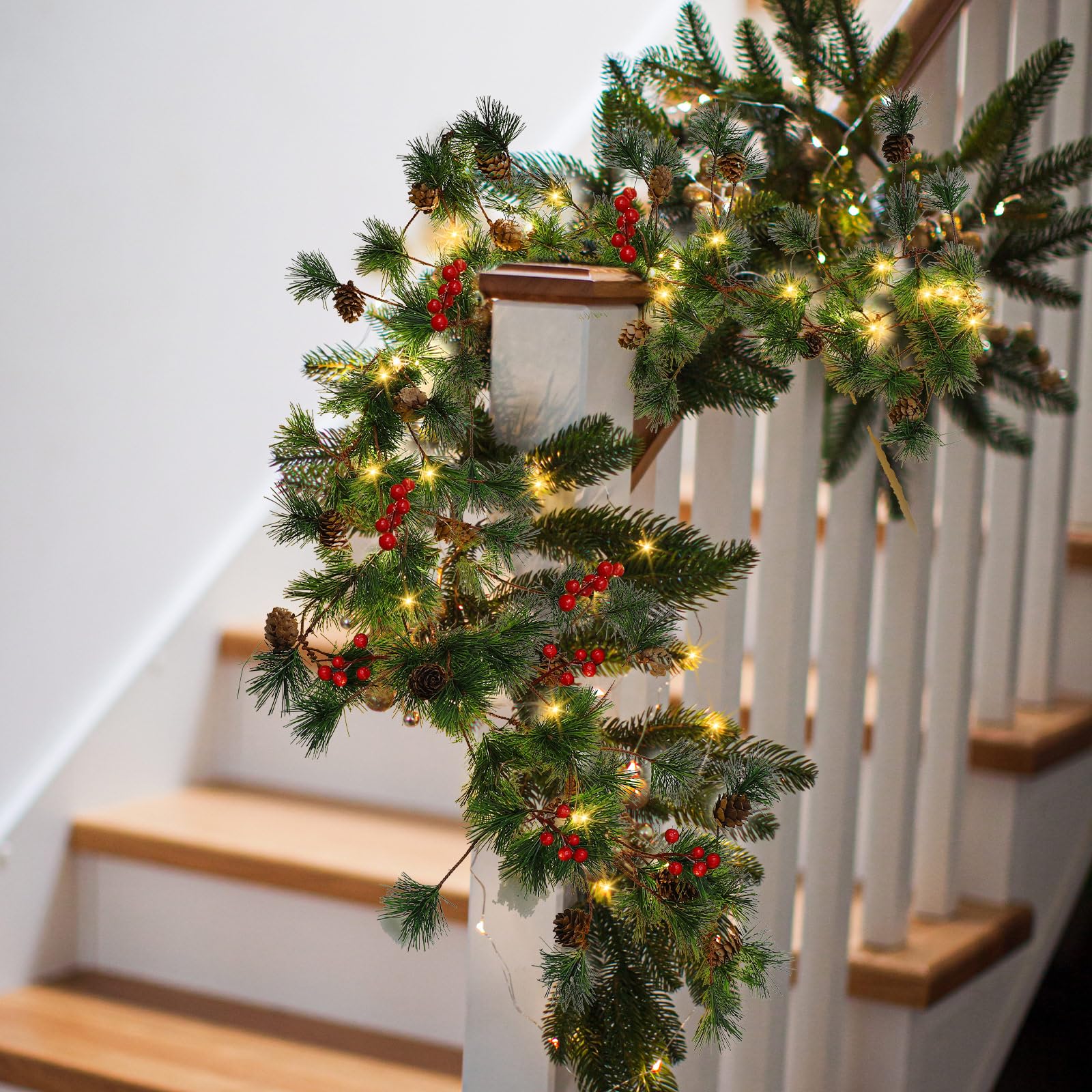 Ceenna 4 Pcs Christmas Garland with Lights, Pre Lit 6 ft Cones Berry Battery Operated Pine Garland, 25 LED Lights Christmas Decorations for Outdoor Fireplace Mantel Home Rooms (Red Berry)