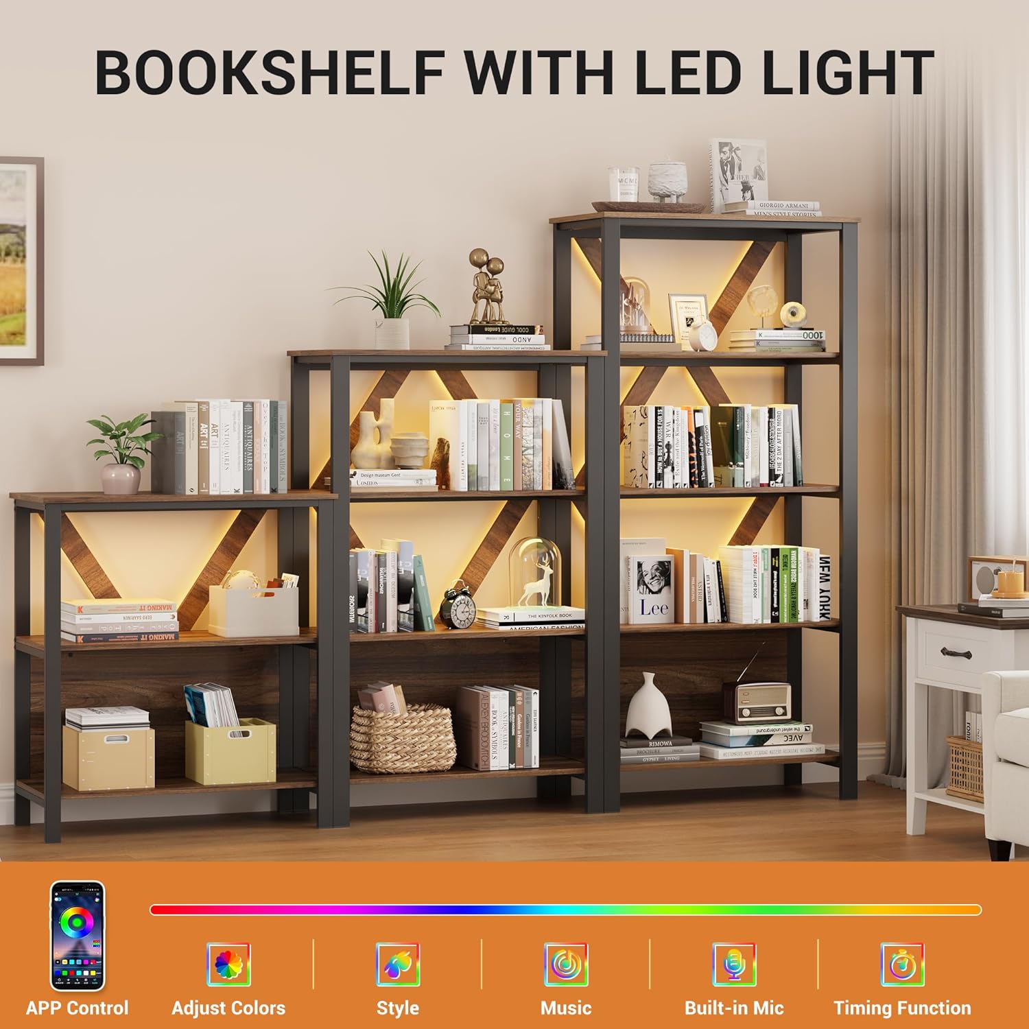 IDEALHOUSE 4 Tier Book Shelf with LED Lights, Brown Industrial Metal Display Book Case, Open Book Shelf Organizer, Tall Bookshelf, Heavy Duty Storage Bookcase for Bedroom Office Living Room