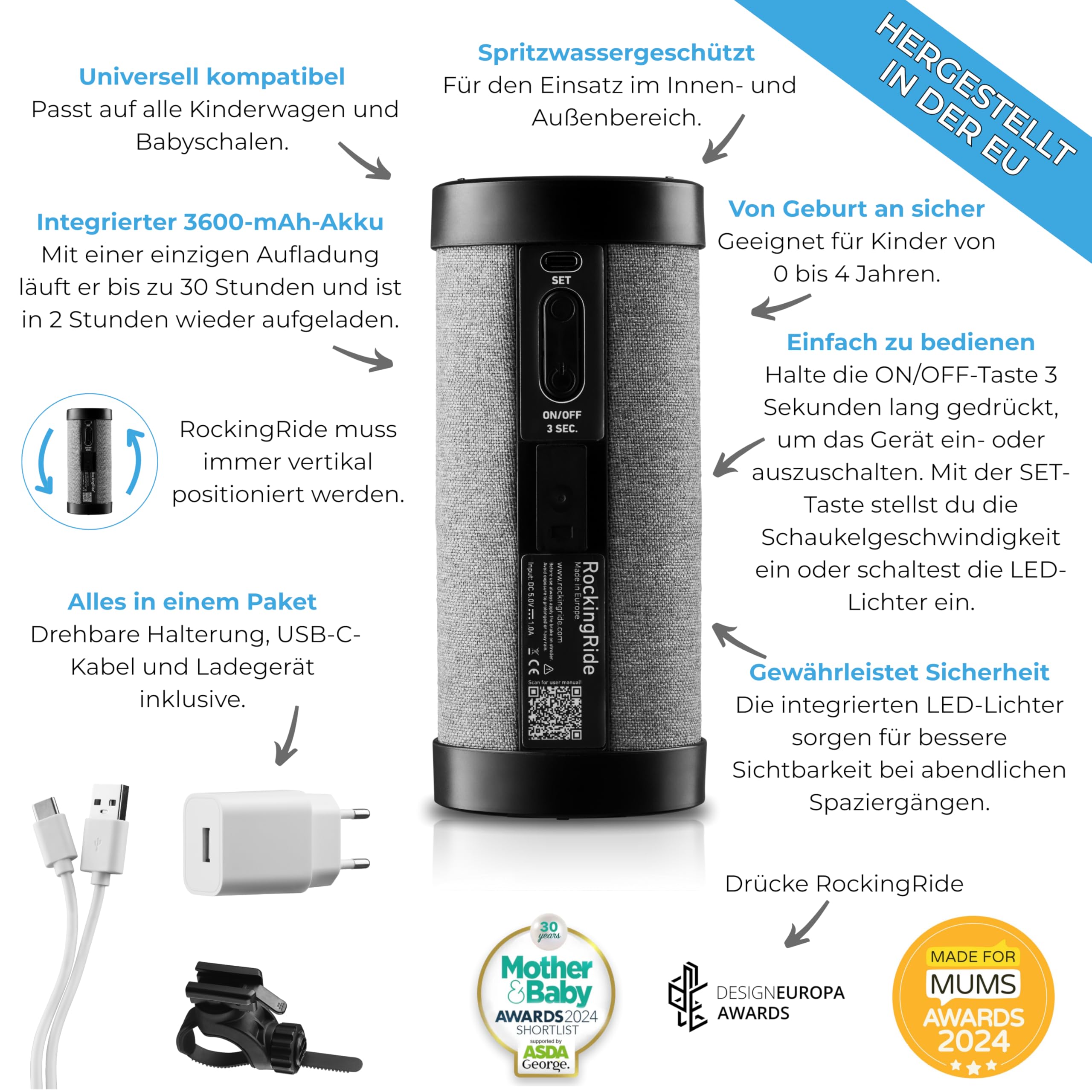 Automatischer wiederaufladbarer Schaukelaufsatz für Kinderwagen, mit Sicherheits-LED, 3 Schaukelstufen, bis zu 30 Stunden leiser Betrieb, USB-C – RockingRide PRO (Schwarz)