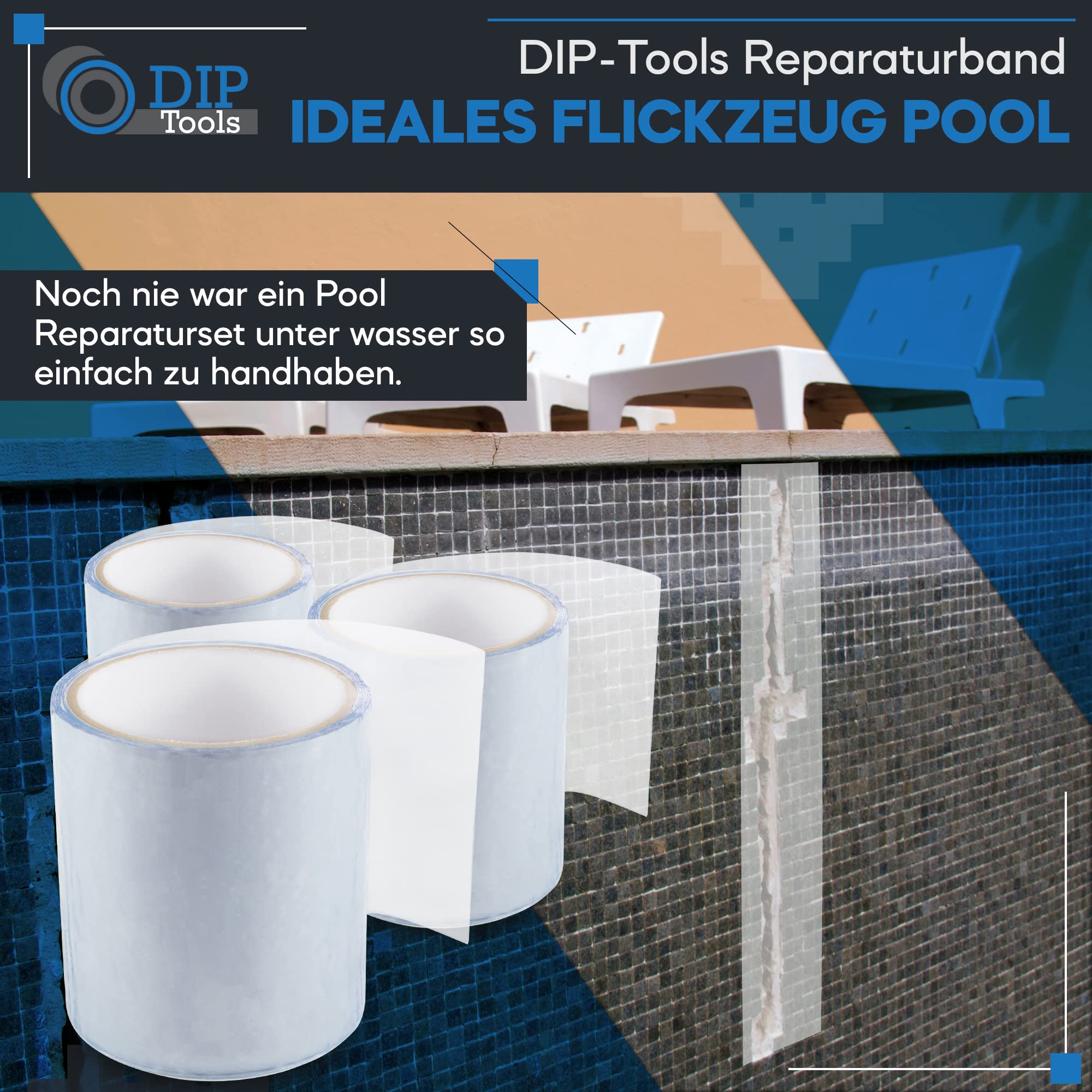 DIP Tools Innowacyjna wodoodporna taśma naprawcza do basenu, domu, rynny dachowej itp. (5 x 1,5 m przezroczysta)