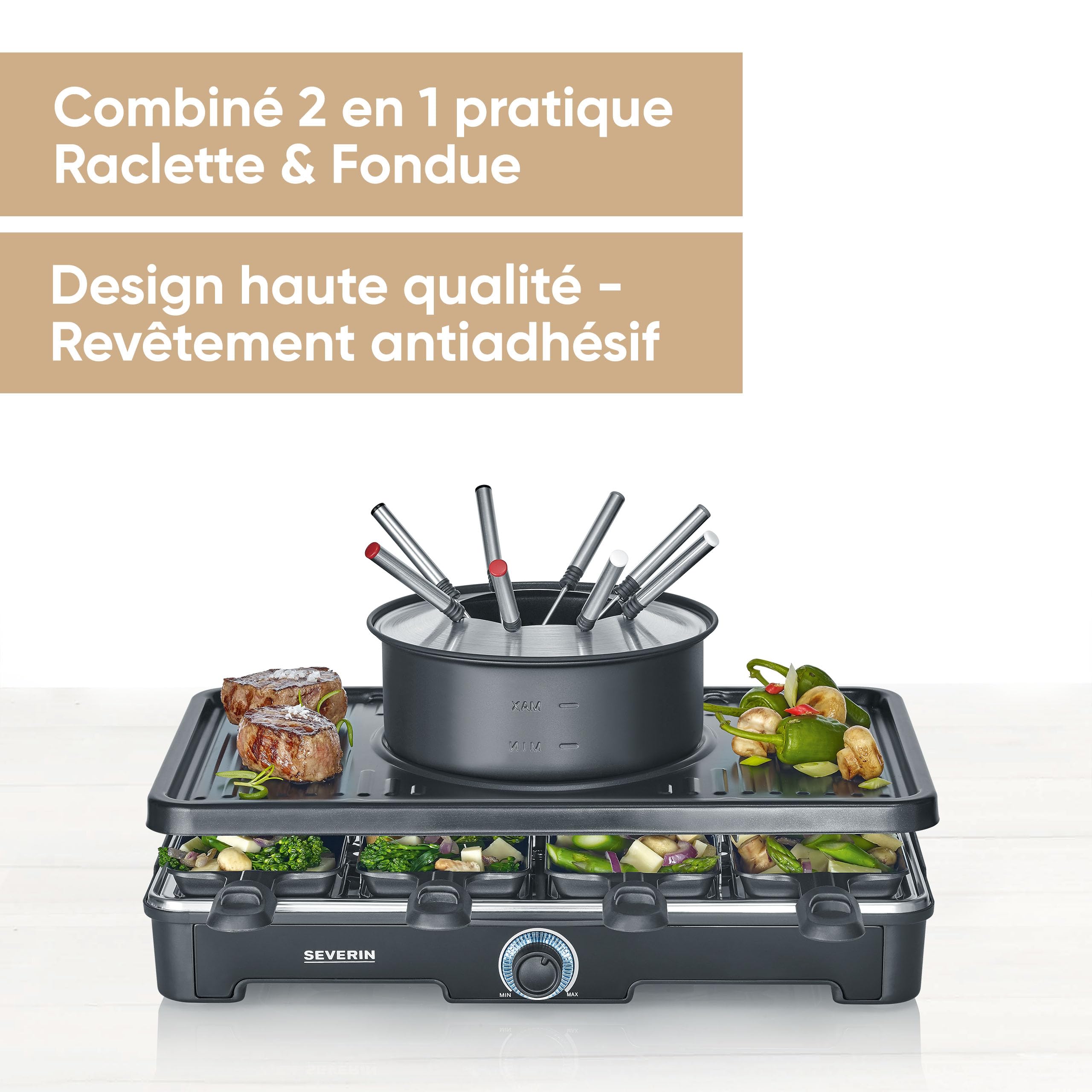 SEVERIN Appareil à Fondue et Raclette pour 8 personnes, Appareil à raclette 2 en 1 avec Plaque de cuisson et Service à fondue, Inclus 8 poêlons, spatules et fourchettes à fondue, Noir, RG 2347