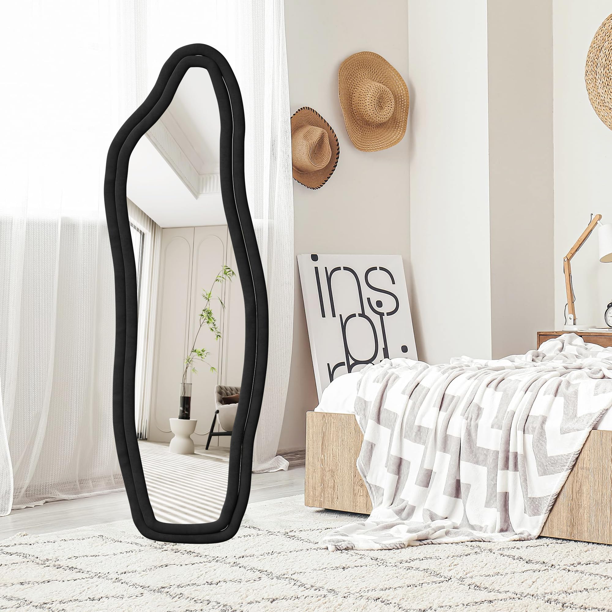 Specchio su irregolare,160x50cm,specchio a piena lunghezza,grande specchio da parete con cornice in velluto nero e supporto,da appendere,in piedi,inclinabile per camera da letto, soggiorno, ingresso
