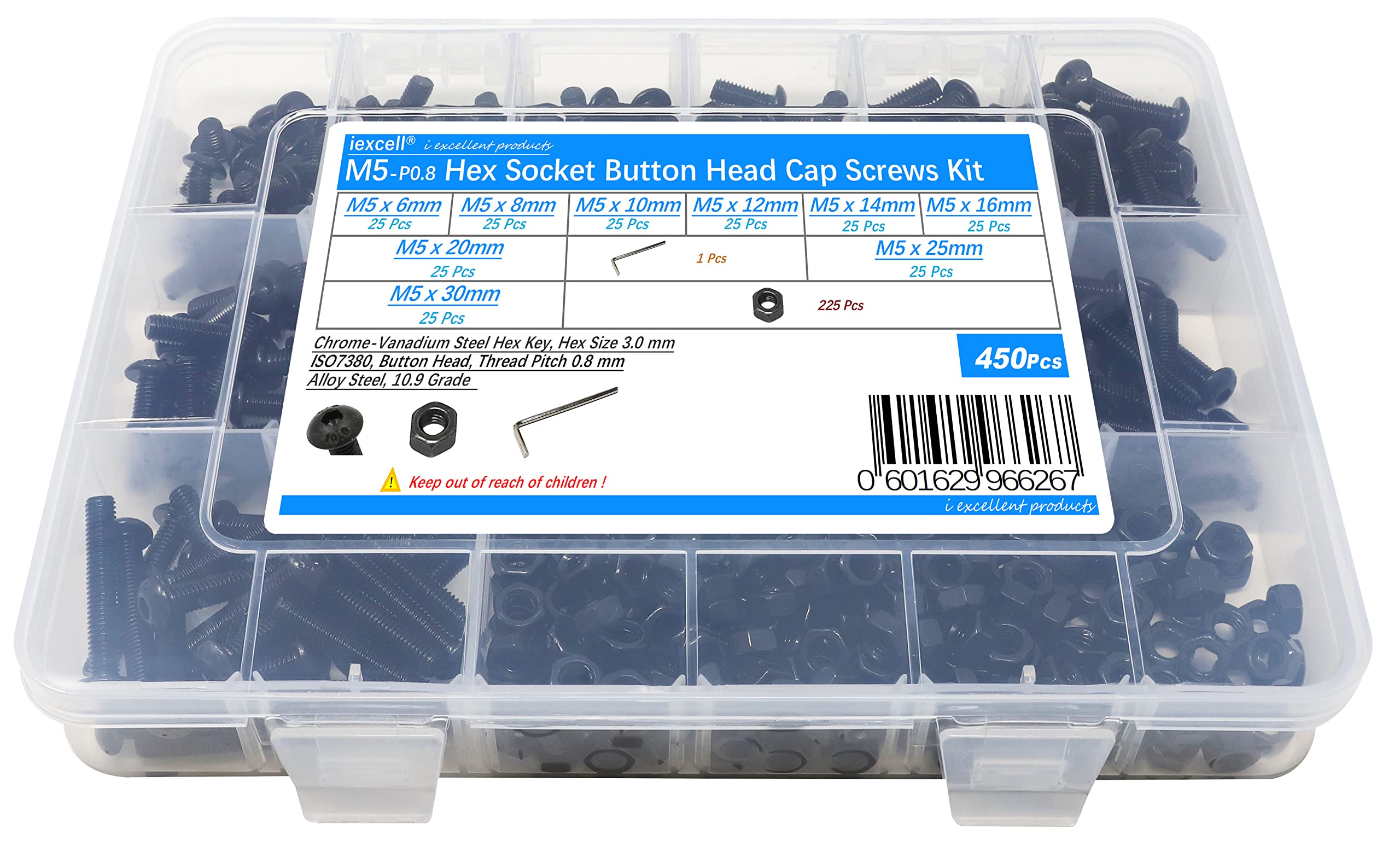 iexcell450 Pcs M5 x 6/8/10/12/14/16/20/25/30 Alloy Steel 10.9 Grade Hex Socket Button Head Cap Screws Bolts Nuts Assortment Kit, Black Oxide Finish