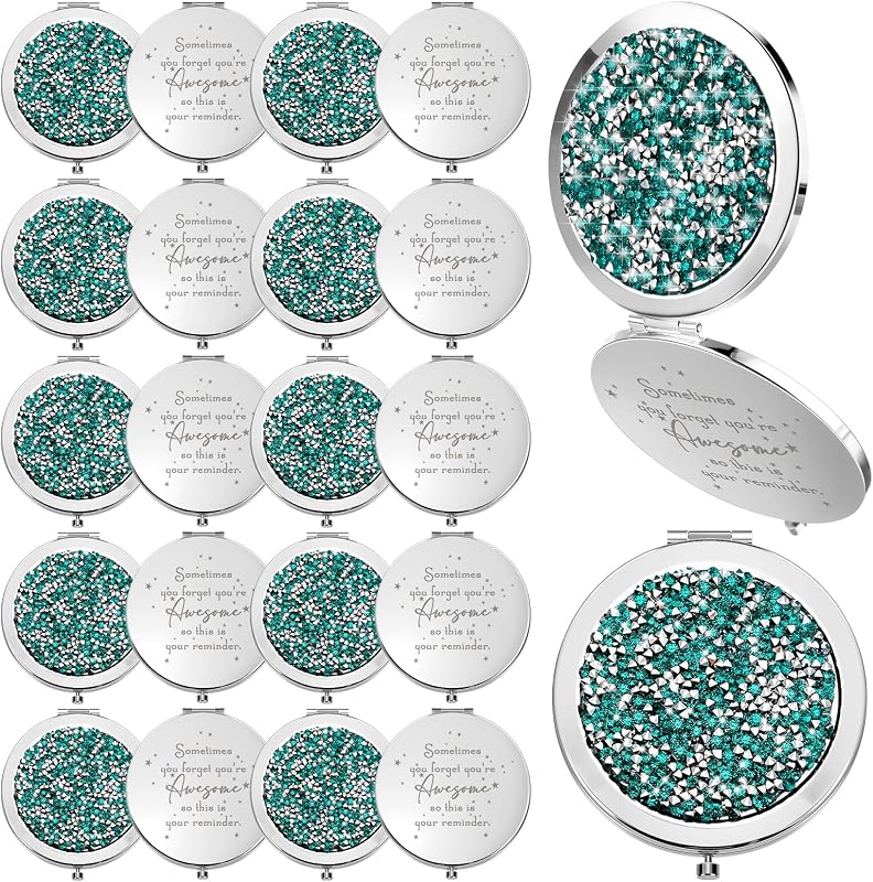 Roowest Espelho compacto redondo verde com aumento de 2x, metal, Pacote com 20
