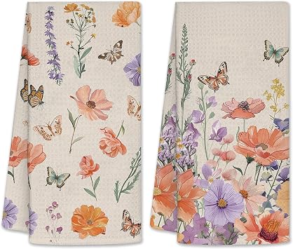Floral Kitchen Towels, Floral Bath Towels, Flower Hand Towels for Kitchen, Flower Bathroom Decor, 2 Pack Waffle Dish Towels for Birthday Christmas Thanksgiving Day 26x17 inch