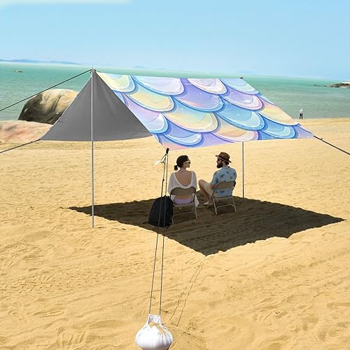 Miniatura 7 de Escala de peces arcoíris con diseño brillante, UPF50+, plegable, cabaña de playa, parasol impermeable con bolsas de arena, pala de arena, postes