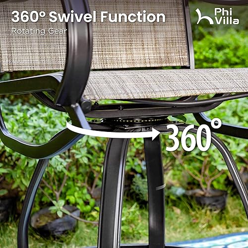 Miniatura 3 de PHI Villa Juego de 2 taburetes de bar giratorios para exteriores, sillas de patio de altura de mostrador con tela textil impermeable, marrón, marco