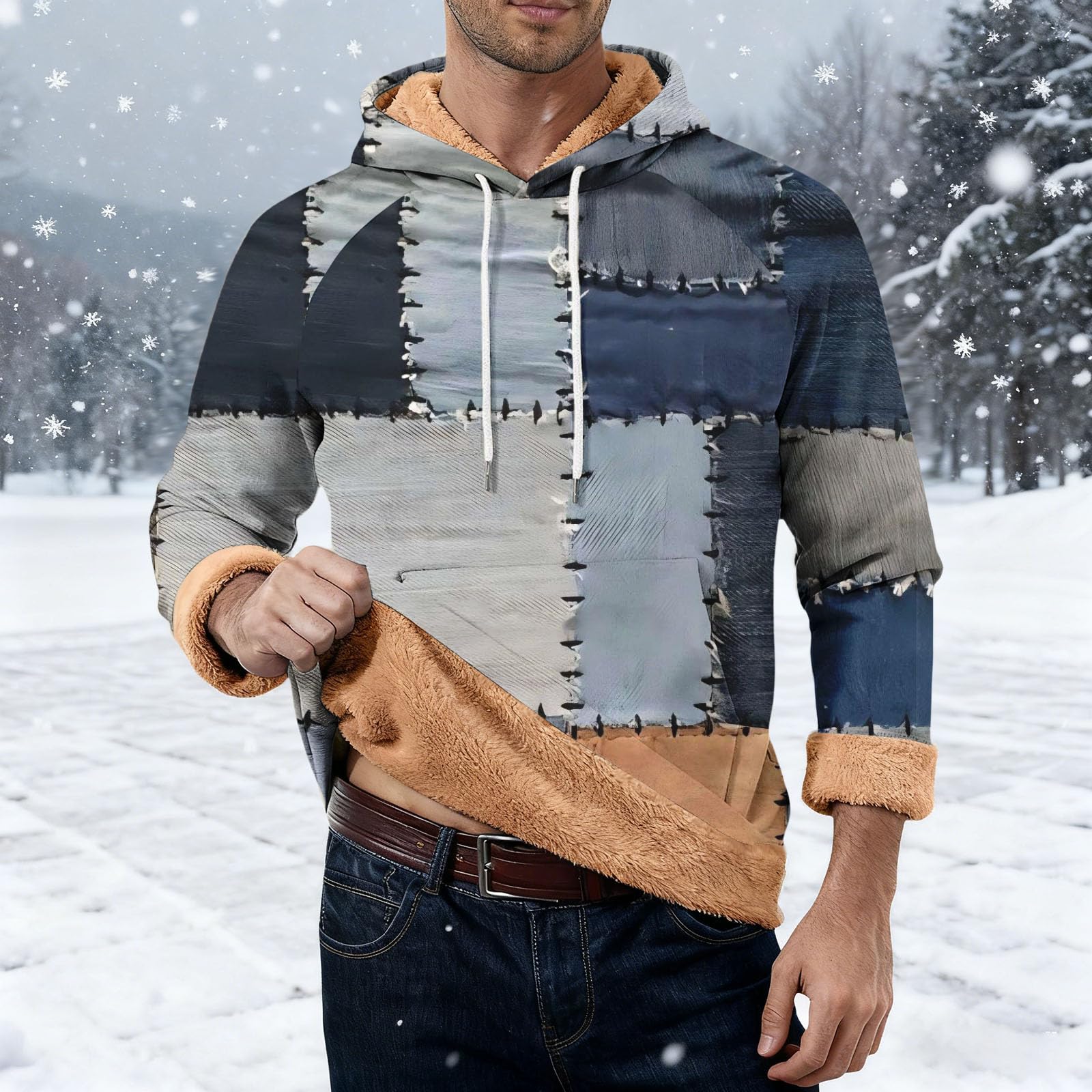 Bluza dla mężczyzn UK - wzorzyste bluzy z kapturem polarowe puszyste z podszewką sherpa, stójka z naszywką na łokcie, na co dzień, sweter jesienno-zimowy, sportowy sweter w stylu vintage