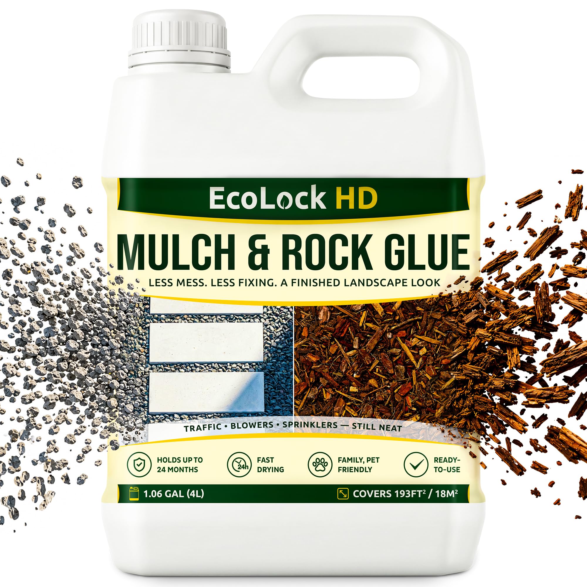 EcoLock Rock and Mulch Glue, 4L Fast-Drying Formula for Sprayer Use – Pet Friendly, Holds 24 Months – Gravel Glue for Garden Stones, Stone Glue for Outdoor Use, Pebble Glue, Rock Glue & Gravel Binder