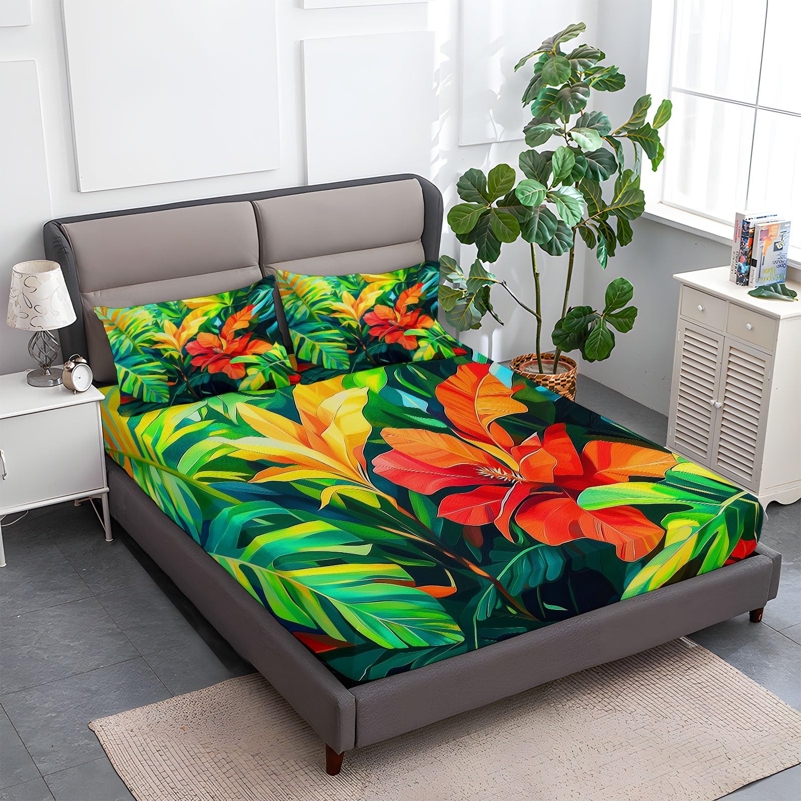 Drap Housse 160 x 200 cm avec Bonnet 30 cm, Plantes Tropicales Fleurs Feuilles Drap Housse Enfant, Drap Housse Matelas Epais Vert Sauge, Microfibre Brossée avec Une Rebord Élastique