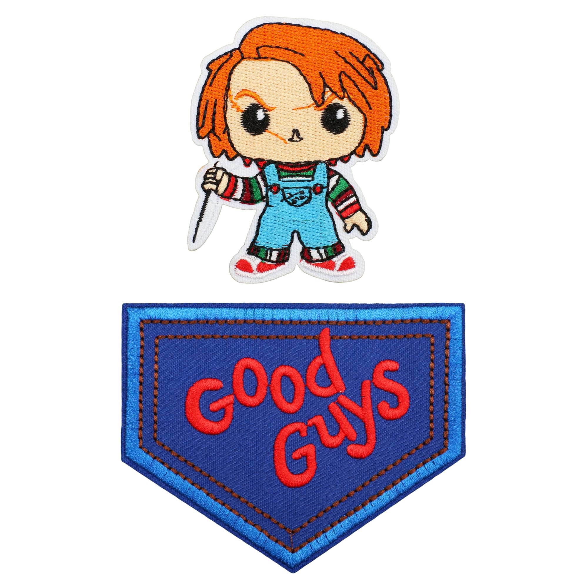 2 PCS Good Guys Patches for Chucky Costume Adult Women Adult Men Chucky Shirt Sweater Halloween Patches Good Guys Overalls Chucky Tattoos Temporary Halloween Tattoos - Iron On
