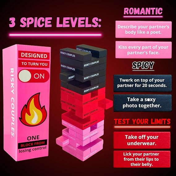 RISKY COUPLES Stacking Tower Game | 54 Spicy & Romantic Dares for Your Partner | Wooden Block Tower Game for Couples | Gifts for Valentines, Anniversary, Stocking Stuffer