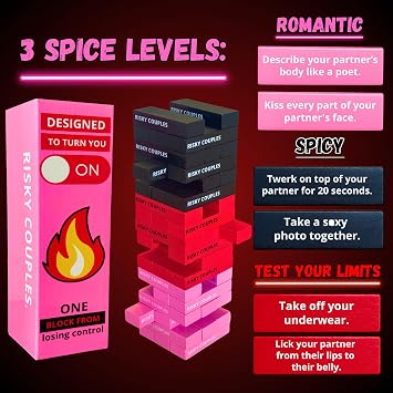 RISKY COUPLES Stacking Tower Game | 54 Spicy & Romantic Dares for Your Partner | Wooden Block Tower Game for Couples | Gifts for Valentines, Anniversary, Stocking Stuffer