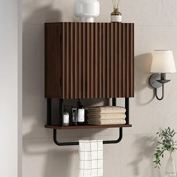 RUSTOWN Farmhouse Bathroom Wall Cabinet with 2 Door, 3-Tier Curved Profile Wooden Medicine Cabinet, Wall Mounted Storage Cabinet with Adjustable Shelf and Towel Bar (Dark Walnut, Small)