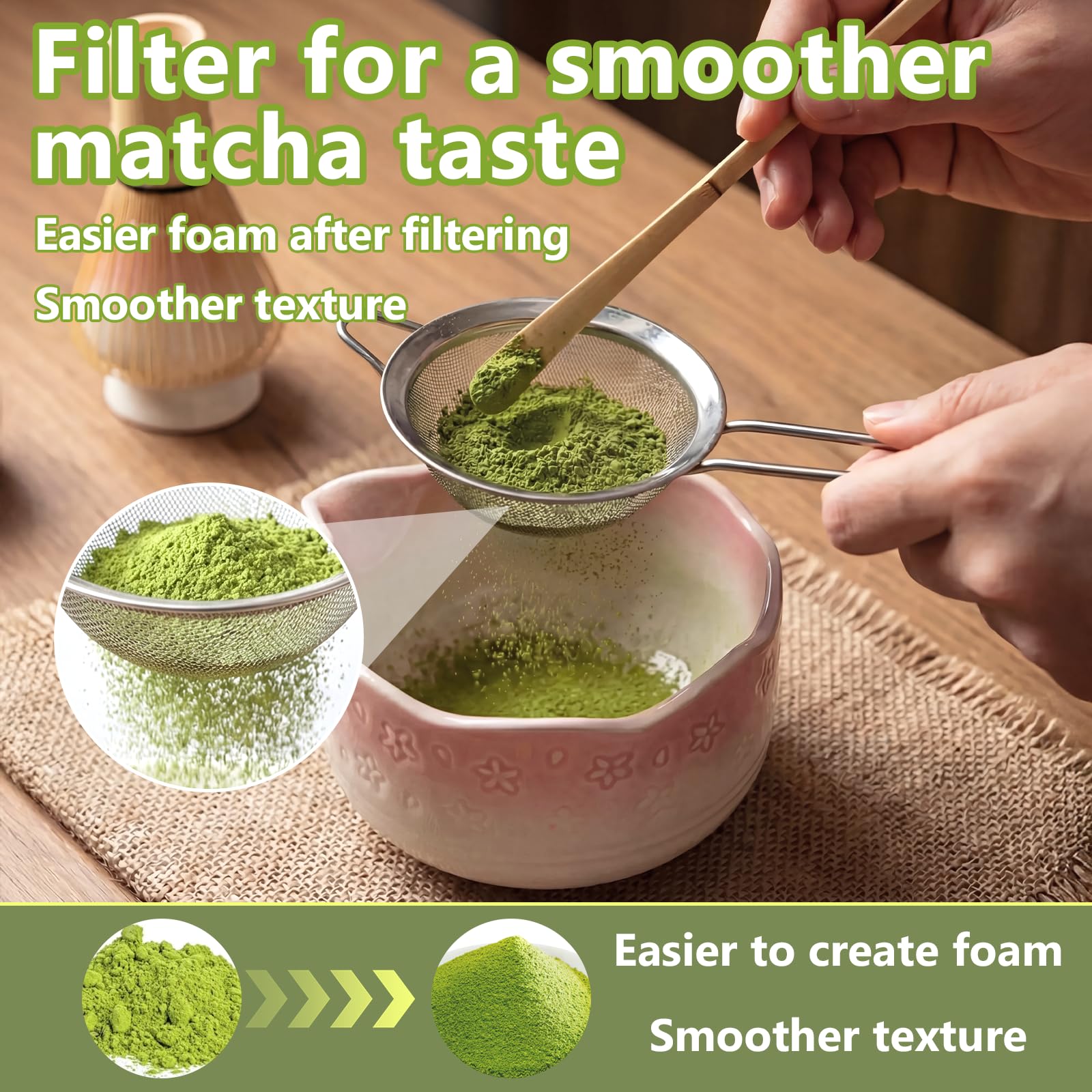 8 pezzi Matcha Kit, Matcha Set design a fiori di ciliegiocon Frusta Matcha, Ciotola, Cucchiaio, Filtro, Supporto, Kit Matcha completo, Elegante Set per Amanti del Matcha(Rosa Sfumato)