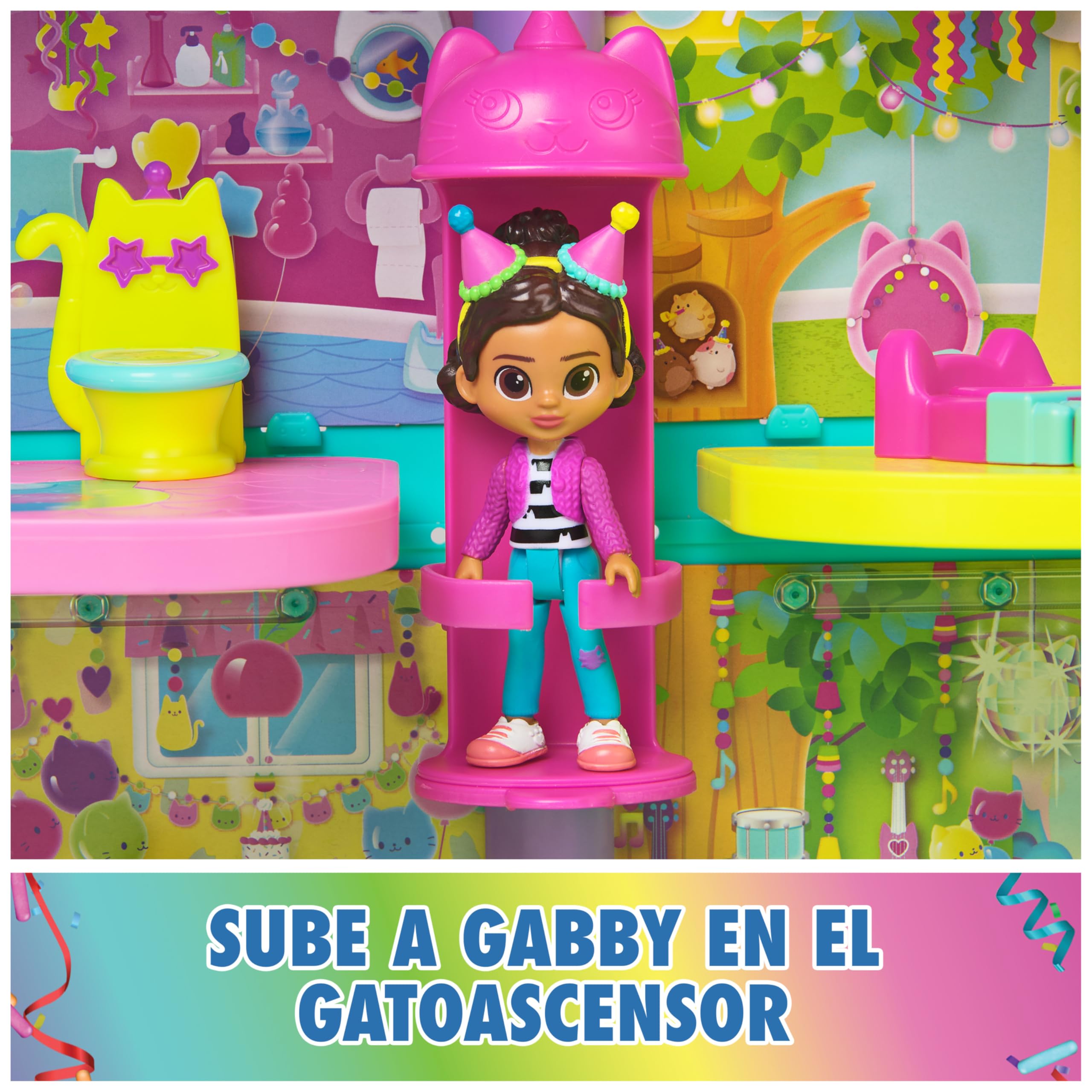 LA CASA DE MUÑECAS DE GABBY - CASA DE MUÑECAS FESTIVA GABBY'S DOLLHOUSE CON SONIDOS, FIGURA, 14 ACCESORIOS ARCOIRIS Y 2 CAJAS SORPRESA - 6070742 - Juegos Infantiles - Juguetes Niños 3 años +