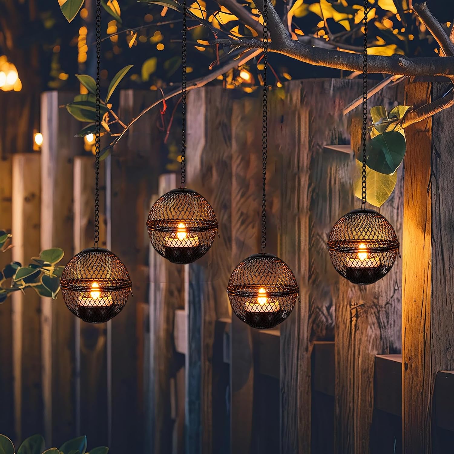 Solar Hanging Lanterns Lights Outdoor, 4 Pack Hanging Candle Holder with Solar Tea Lights Candles Outdoor Waterproof, Chandelier Ideas for Tree Pergola Patio Decor, ALL FORTUNE