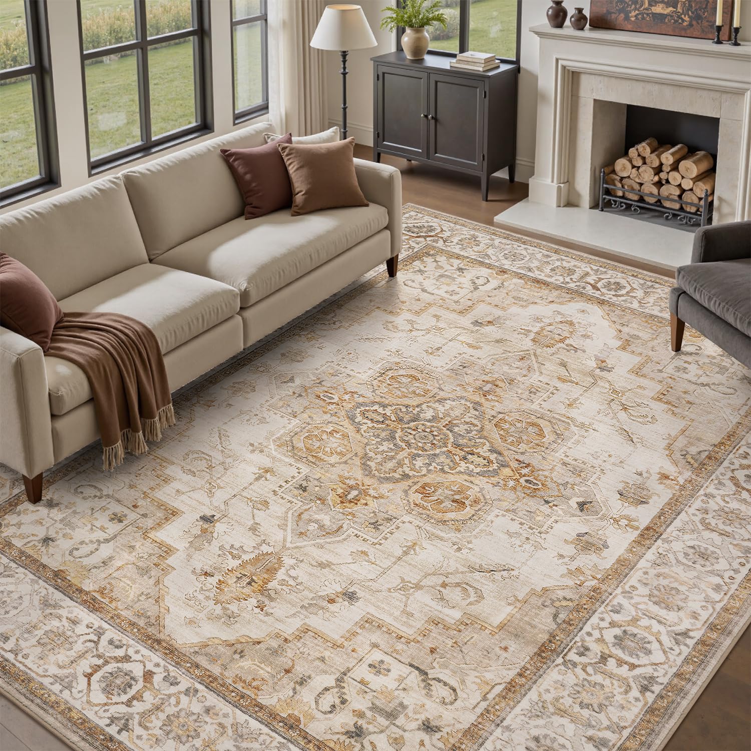 PADOOR-Area Rug 9X12 Rugs for Living Room-Vintage Soft Beige Rugs for Bedroom-Machine Washable Non Slip Rug for Dining Room Living Room Bedroom Office