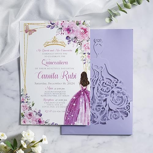 Miniatura 3 de ponatia 25 tarjetas de invitación de quinceañera de corona lila durante 15 años, dulces 16, XV ANOS, tarjetas de invitación de cumpleaños cortadas
