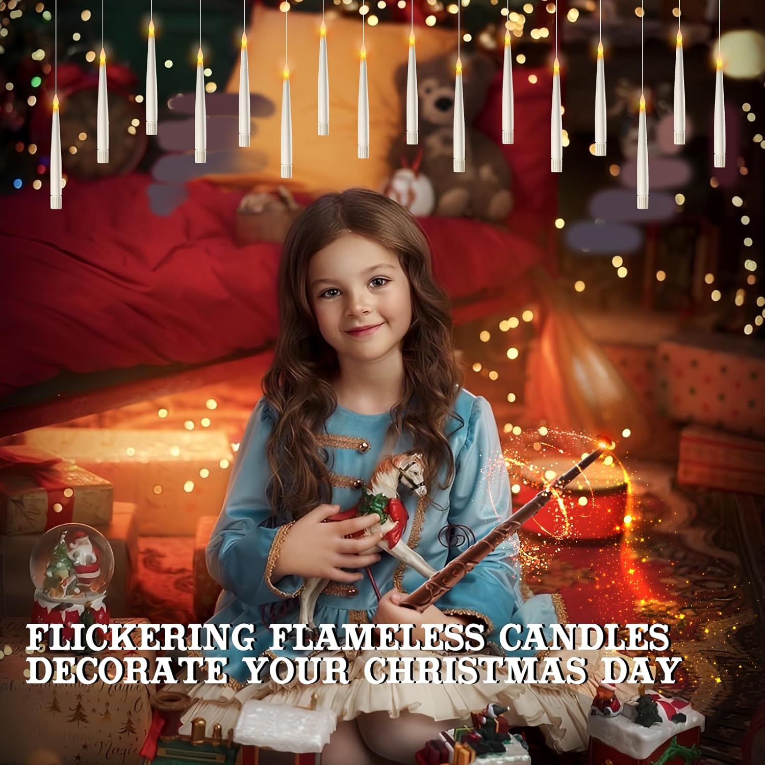Christmas Tree Candles, 20 PCs Floating Candles with Wand Magic Hanging Candles,Flameless Floating LED Candle with Wand Remote for Christmas Tree Decorations indoor, Battery Operated,Flameless Candles