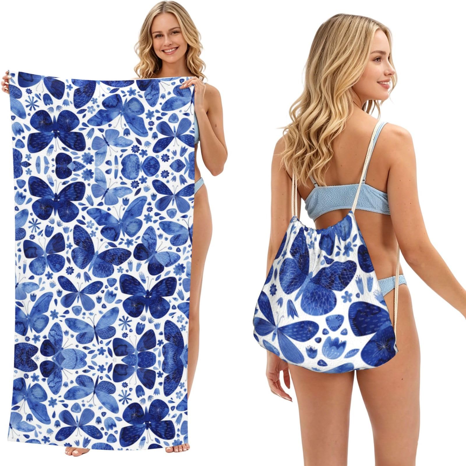 Serviette de plage papillons bleus 180x60 cm avec sac