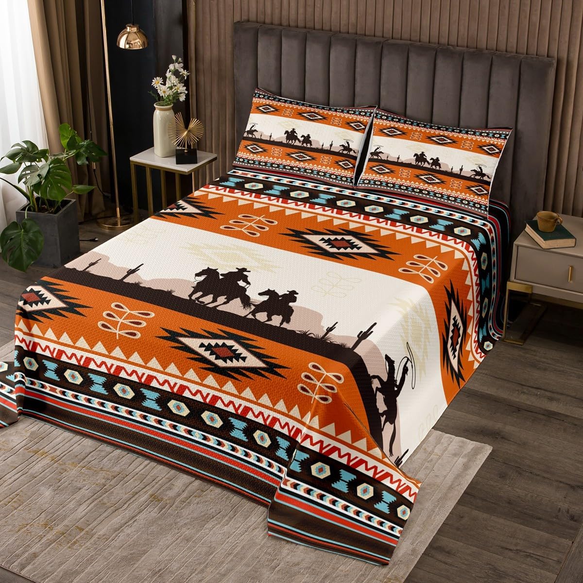 Castle Fairy Boho Aztec Quilt Set for Kids Boys Girls,Western Cowboys Desert Bedspread,Bohemia Exotic Bed Cover Brown Orange Blue Bedding Set Decorative Quilted Coverlet,King Size