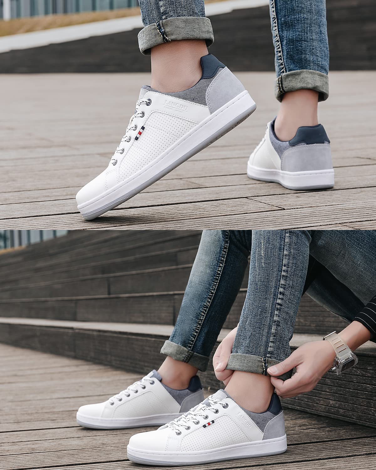 LANGDU Sneakers Uomo Scarpe da Ginnastica Casual Sportive Running Basse Scarpe all'Aperto 41-46EU (43EU, Bianco 40)