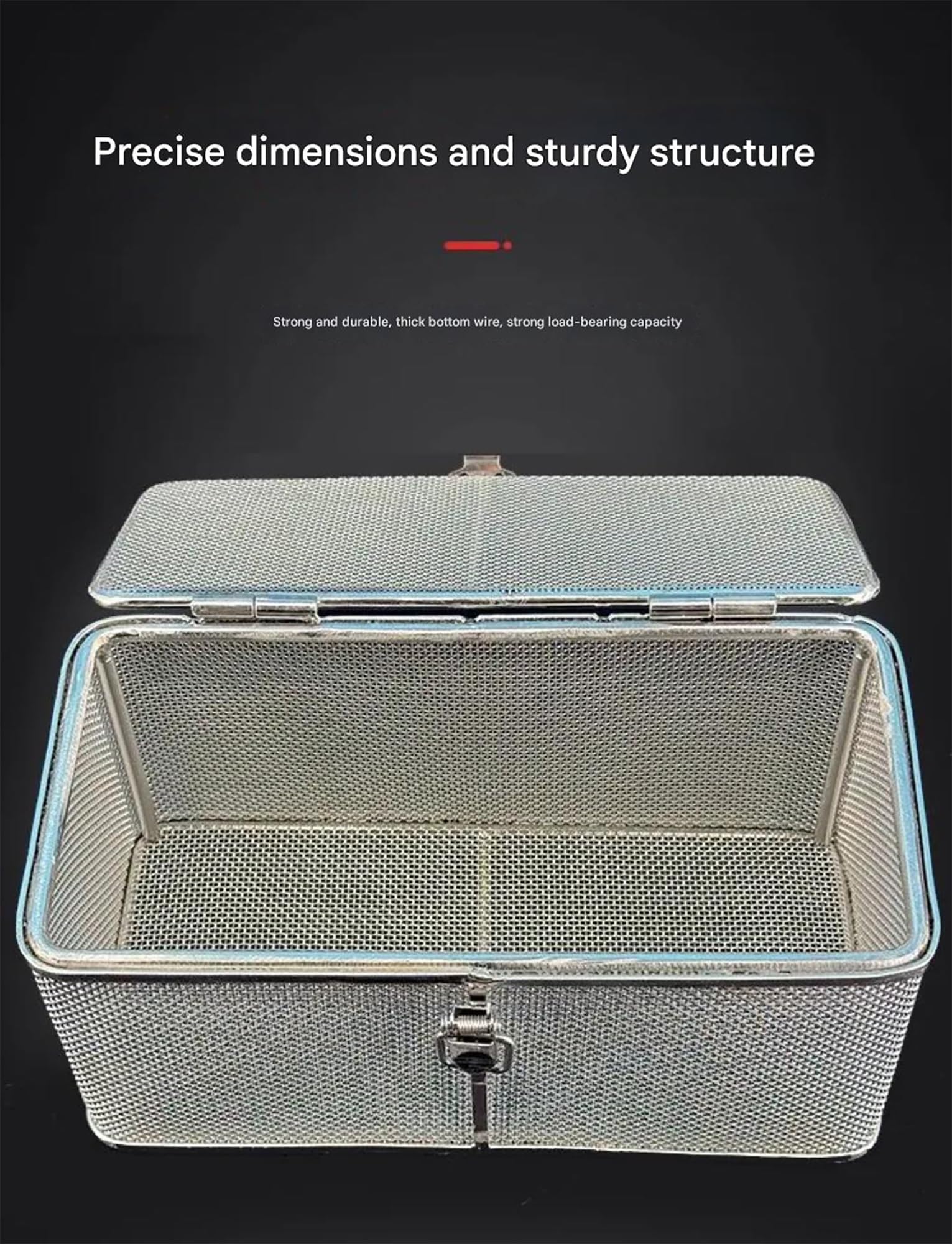 Malla de esterilización de acero inoxidable 304 de 0,5 mm, bandeja de instrumentos reutilizable, cestas de esterilización con asa retráctil y tapa.(30x20x7cm)