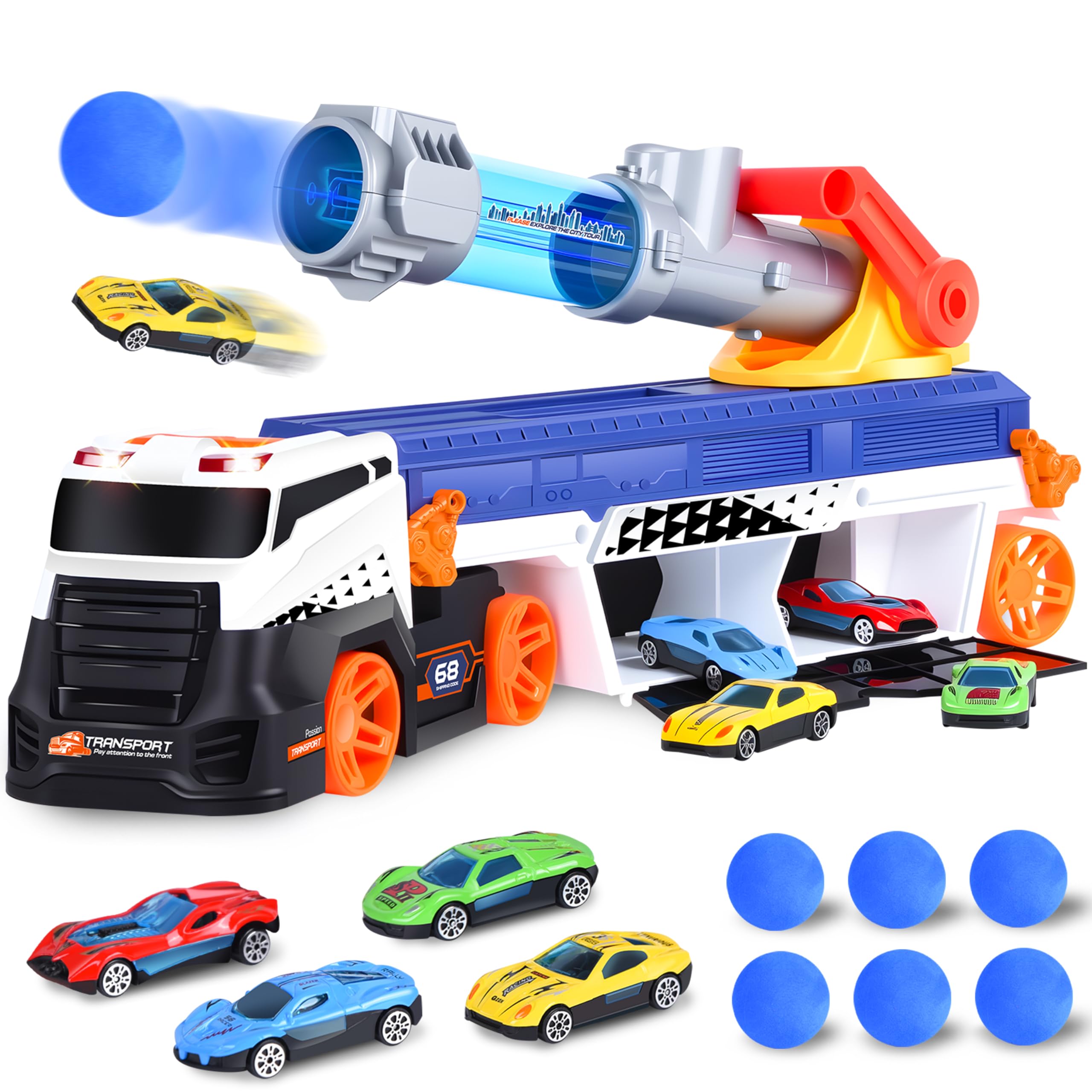 Herefun – Camion Transporteur Avec Catapulte, 4 Voitures Et 6 Balles – Sons Et Lumières (3-5 Ans)