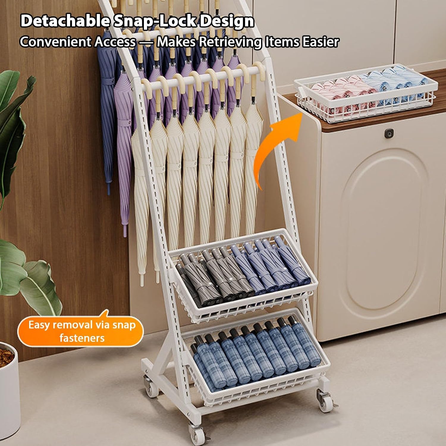 Umbrella Stand for Entryway, Large Holder with Storage Baskets and Hanging Rods, Double-Row Metal Rack for Long or Folding Umbrellas, Rolling Organizer for Office(Black,Single)