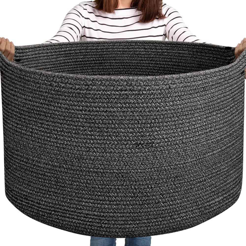 Large Woven Baskets for Storage, 22.8" x 22.8" x 13" Blanket Storage Living Room, Baby Toy Basket for Clothes, Pillows, Towels, Shoe Basket for Entryway (Black)