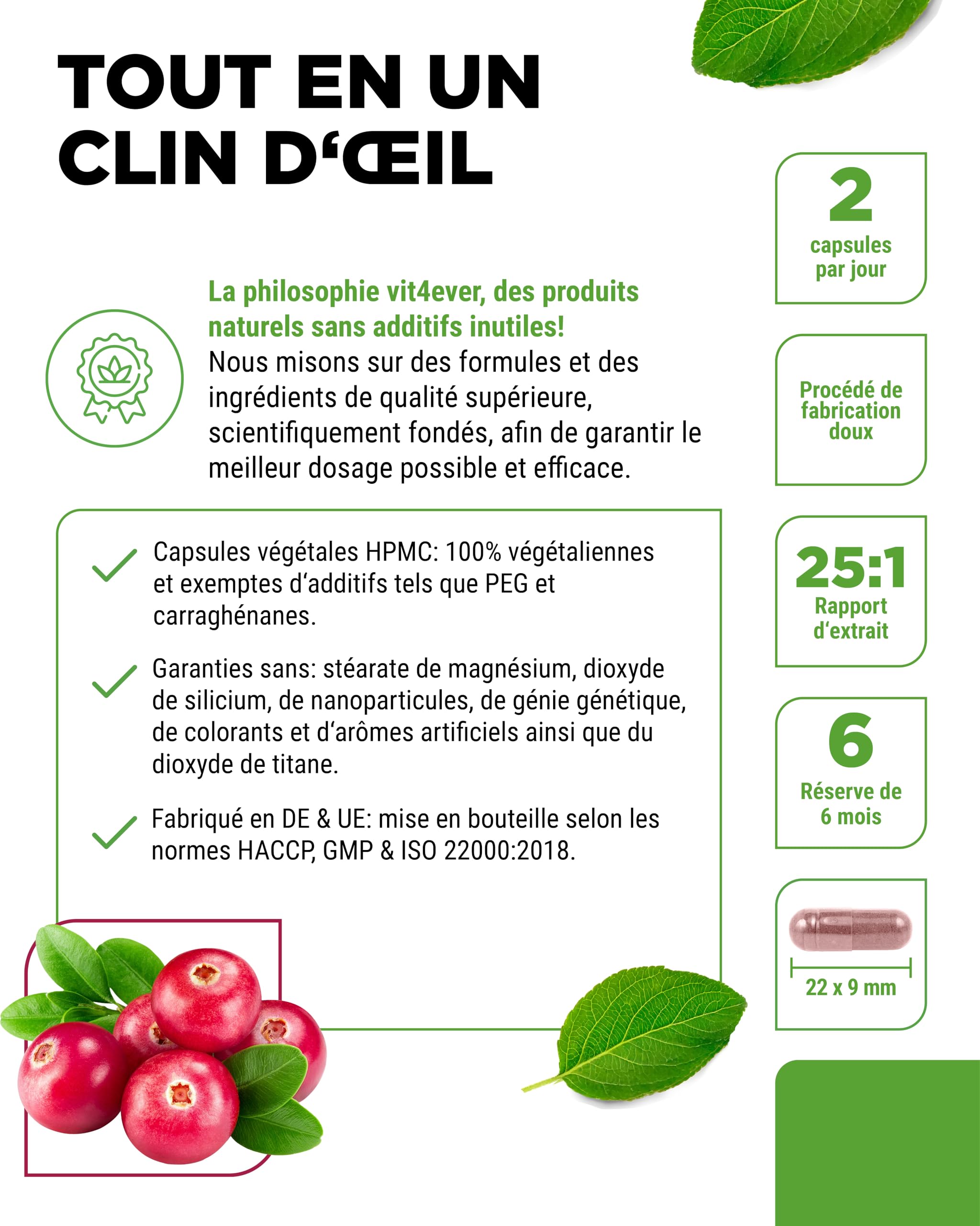 Extrait de canneberge + Vitamine C – 365 gélules de canneberge – Extrait 25:1, équivalent à 25.000 mg – 6% proanthocyanidines – Hautement dosé, sans additifs indésirables, végan