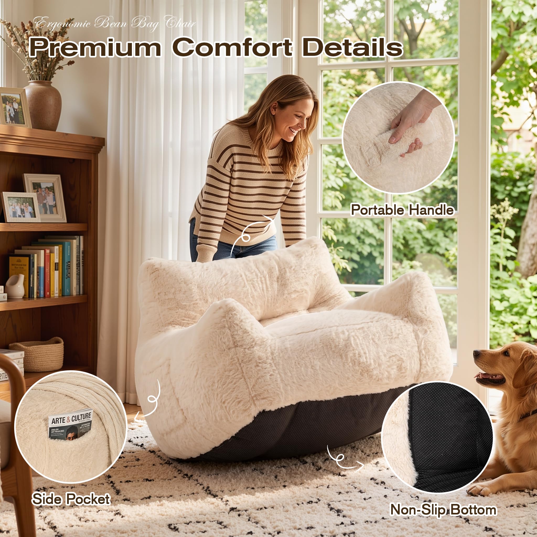 NALONE Sitzsack, Sitzsack Erwachsene mit Füllung, Bean Bag Chair mit Tragbarem Griff, Modernes Ergonomisches Bean Bag，weiß：Einzel