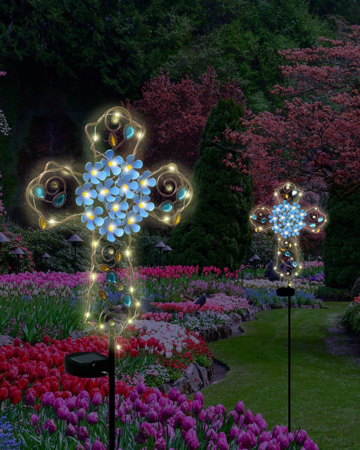 Putuo Decor Solar Cross Garden Stake Light Decorations Cemetery Decorations for Grave Outdoor Indoor Home Garden Doors Christian Memorial Garden Lawn Yard Patio Blue Flower
