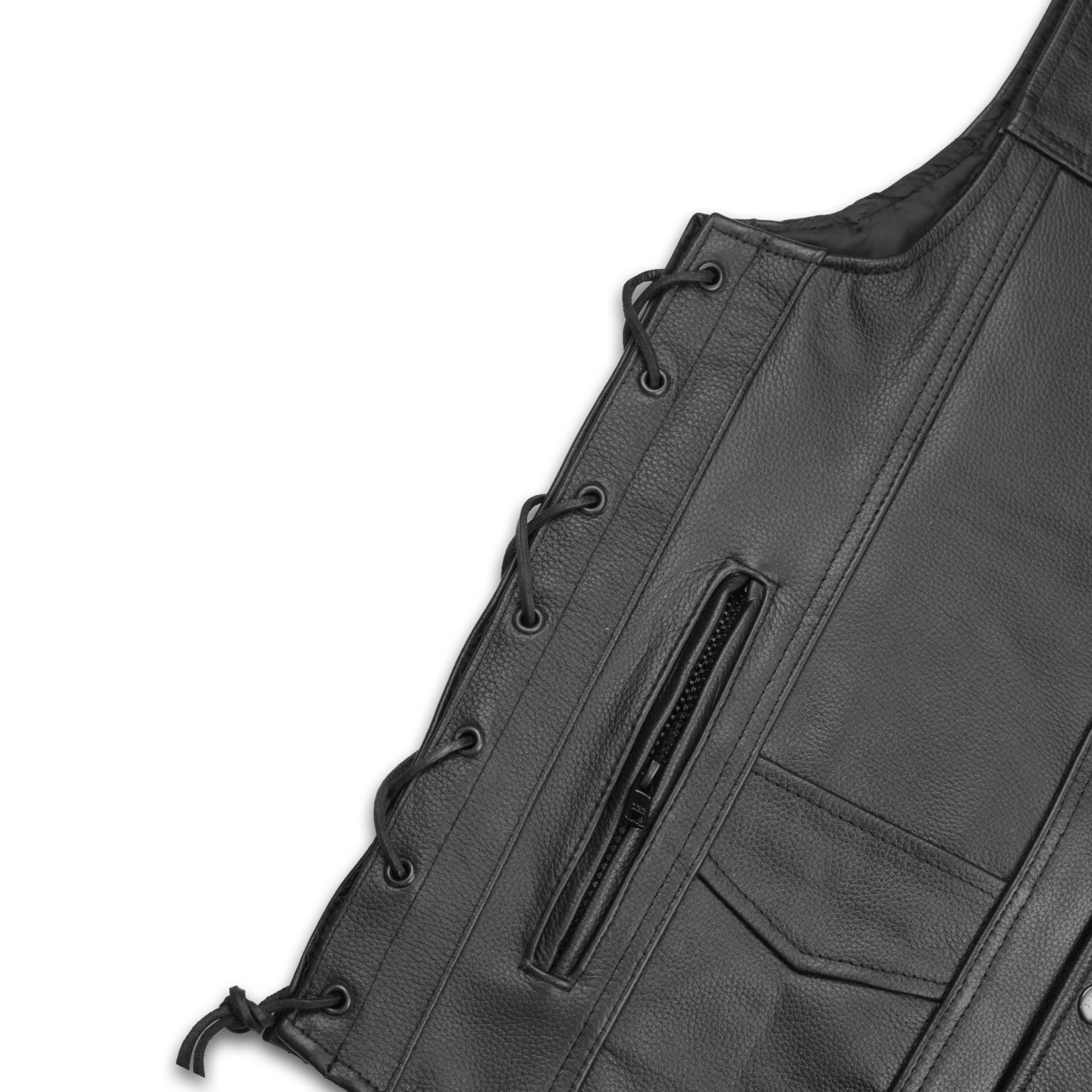 Leatherick Top-Grain Cuir De Vachette Gilet Cuir Biker en Véritable Pour Hommes Gilet Classique Noir Avec Lacets Latéraux et Poches De Transport Dissimulées