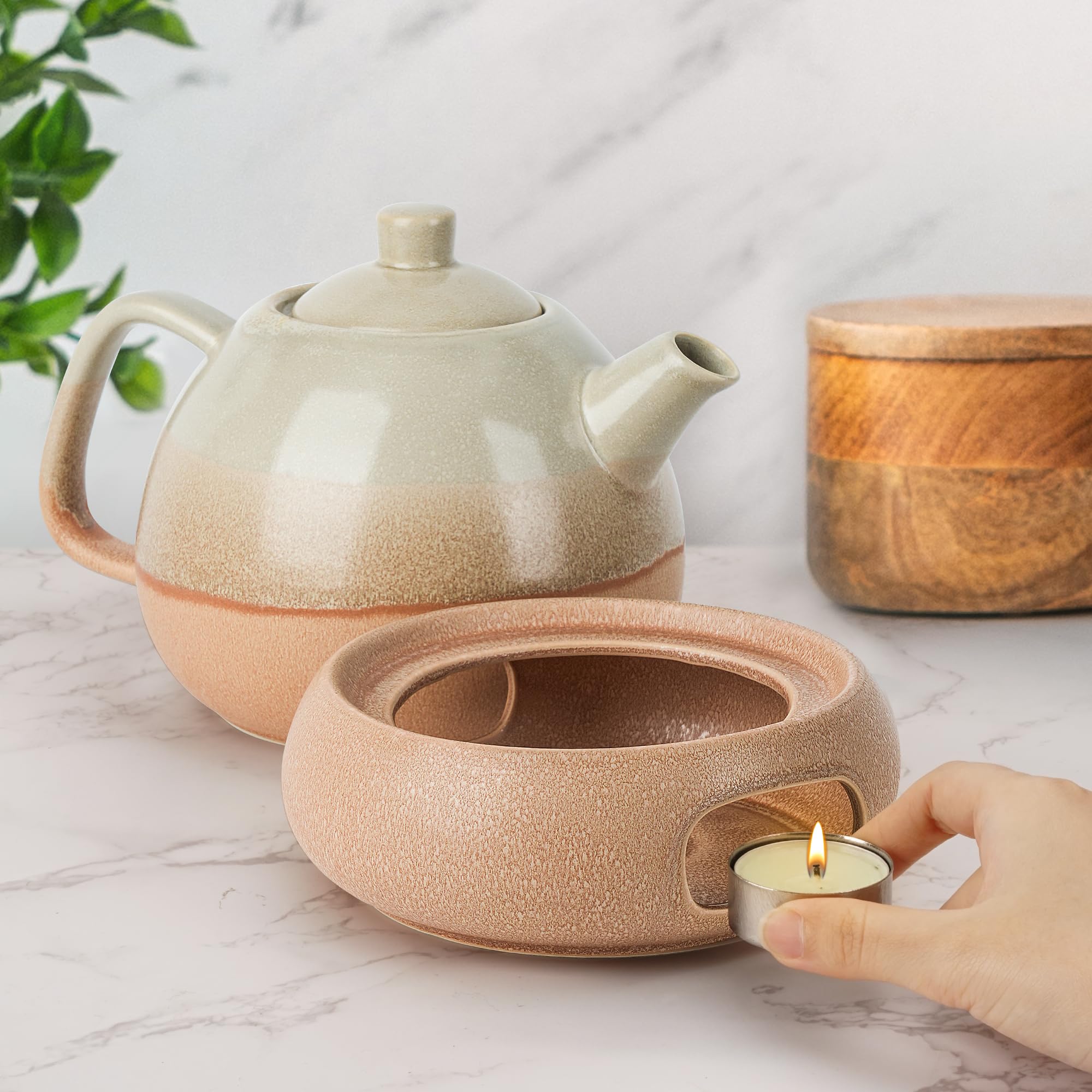 Keramik Design Teekanne mit Stövchen und Sieb - 1,4 l - Sandbeige