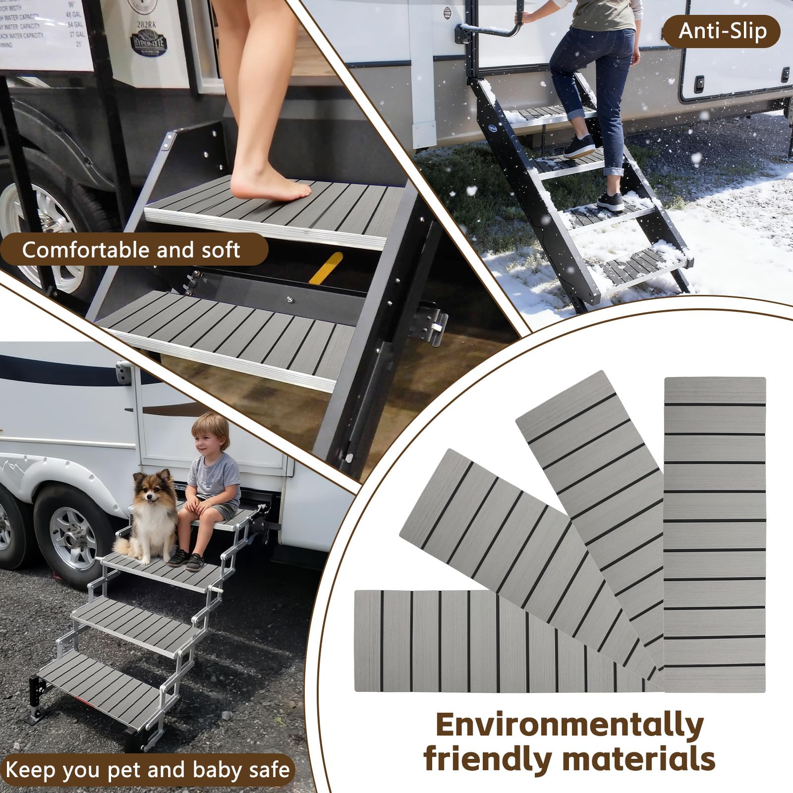 Paquete de 4 fundas para escalones de caravana, 24 x 7.5 pulgadas, almohadillas antideslizantes de espuma EVA, autoadhesivas y recortables para caravanas, remolques, color gris oscuro