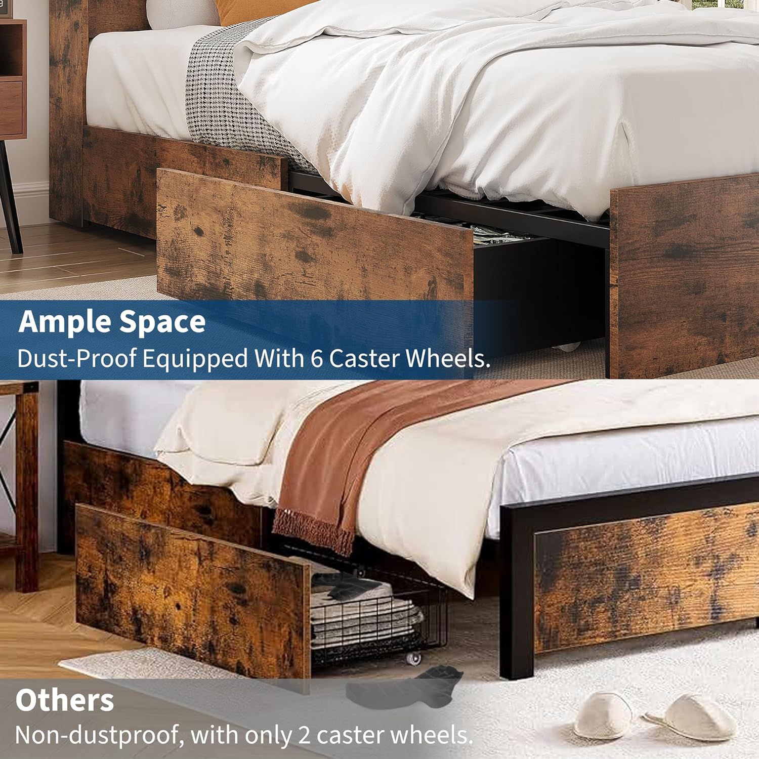 GarveeHome Full Size Bed Frame with High Storage Bookcase Headboard, Wood Bed Frame with 4 Storage Drawers, Built in Charging Station, No Box Spring Needed, Metal Frame, Noise-Free, Vintage Brown