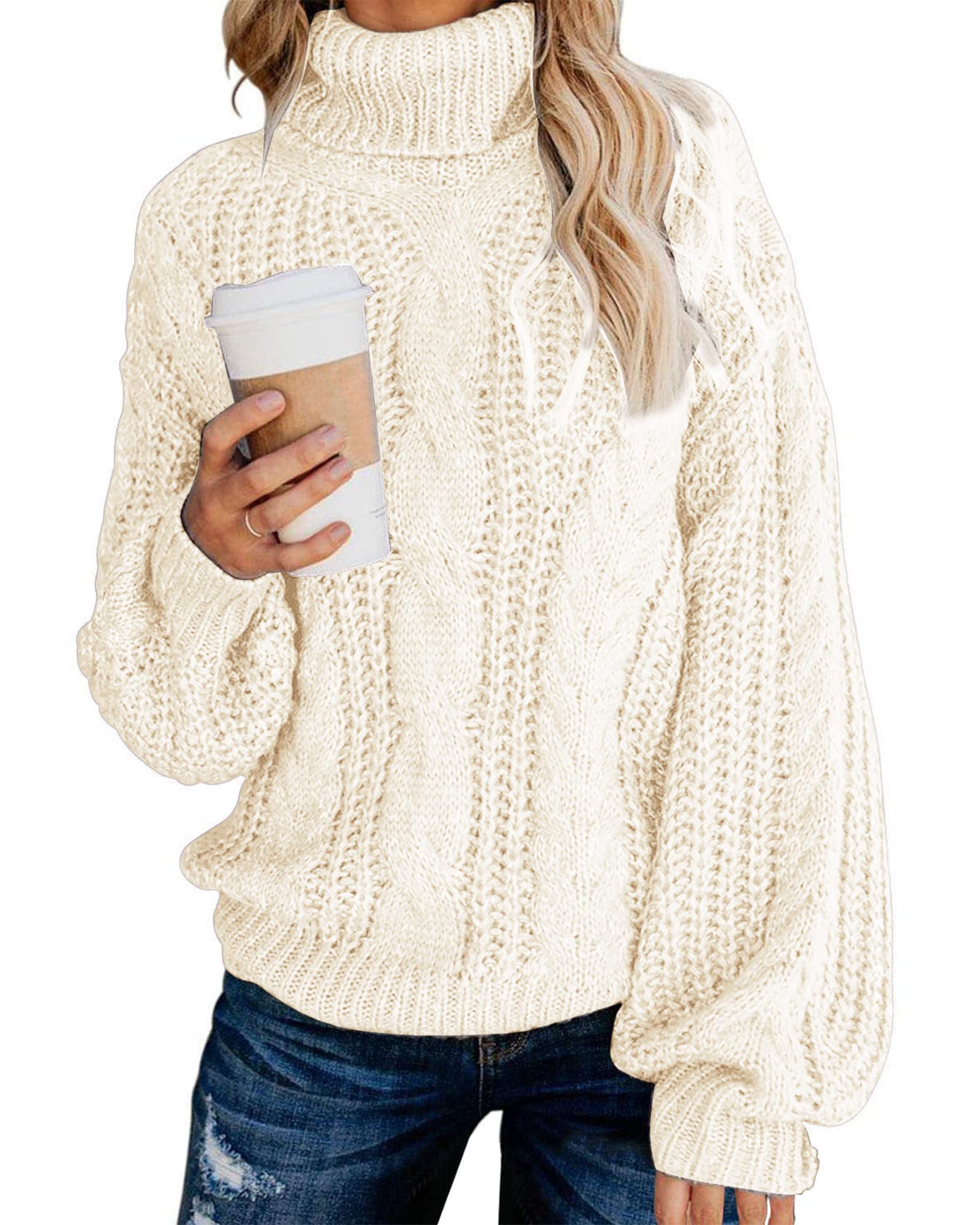Fashionme Chic Ballon Sleeve Winter Turtleneck Chunky Sweater Slouchy Oversized Loose Pullover Outerwear Warm Thick